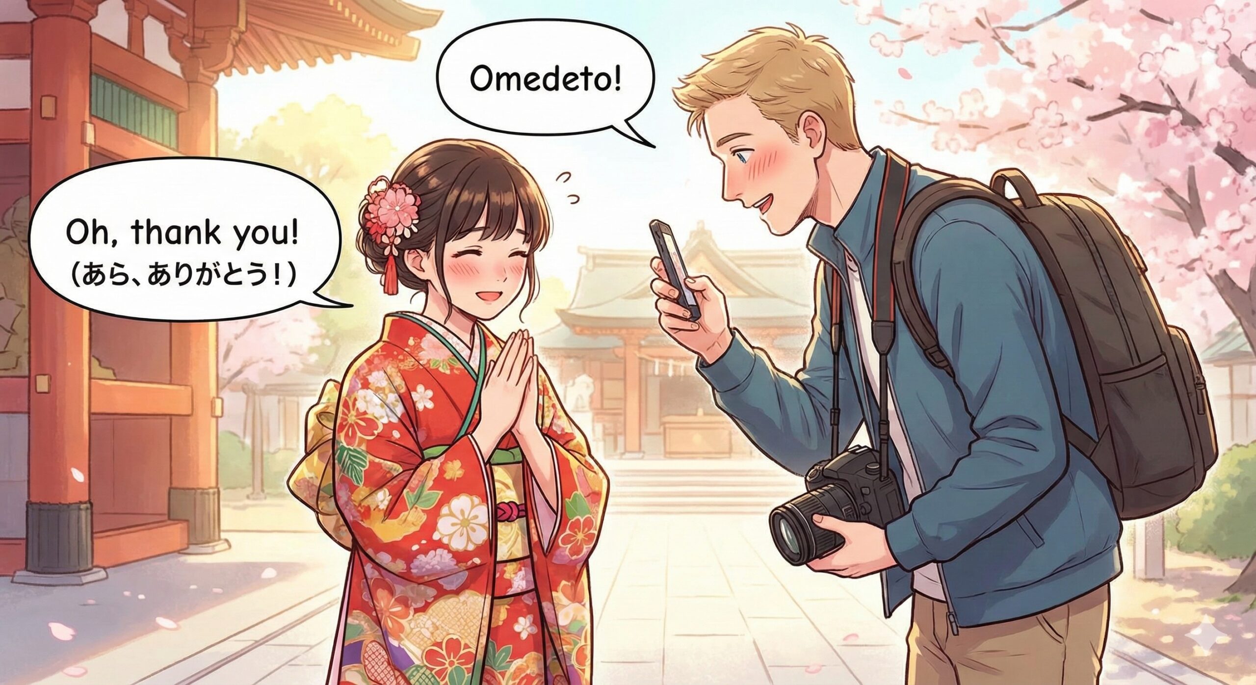 Tourist interacting with Japanese girls in kimono