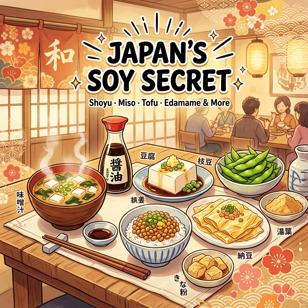 Japanese soybean foods spread: soy sauce, miso soup, tofu, edamame and natto