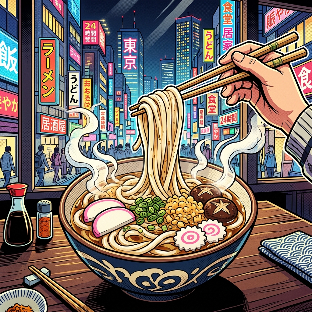 A delicious steaming bowl of thick udon noodles being lifted with chopsticks, modern Tokyo city background visible through a window