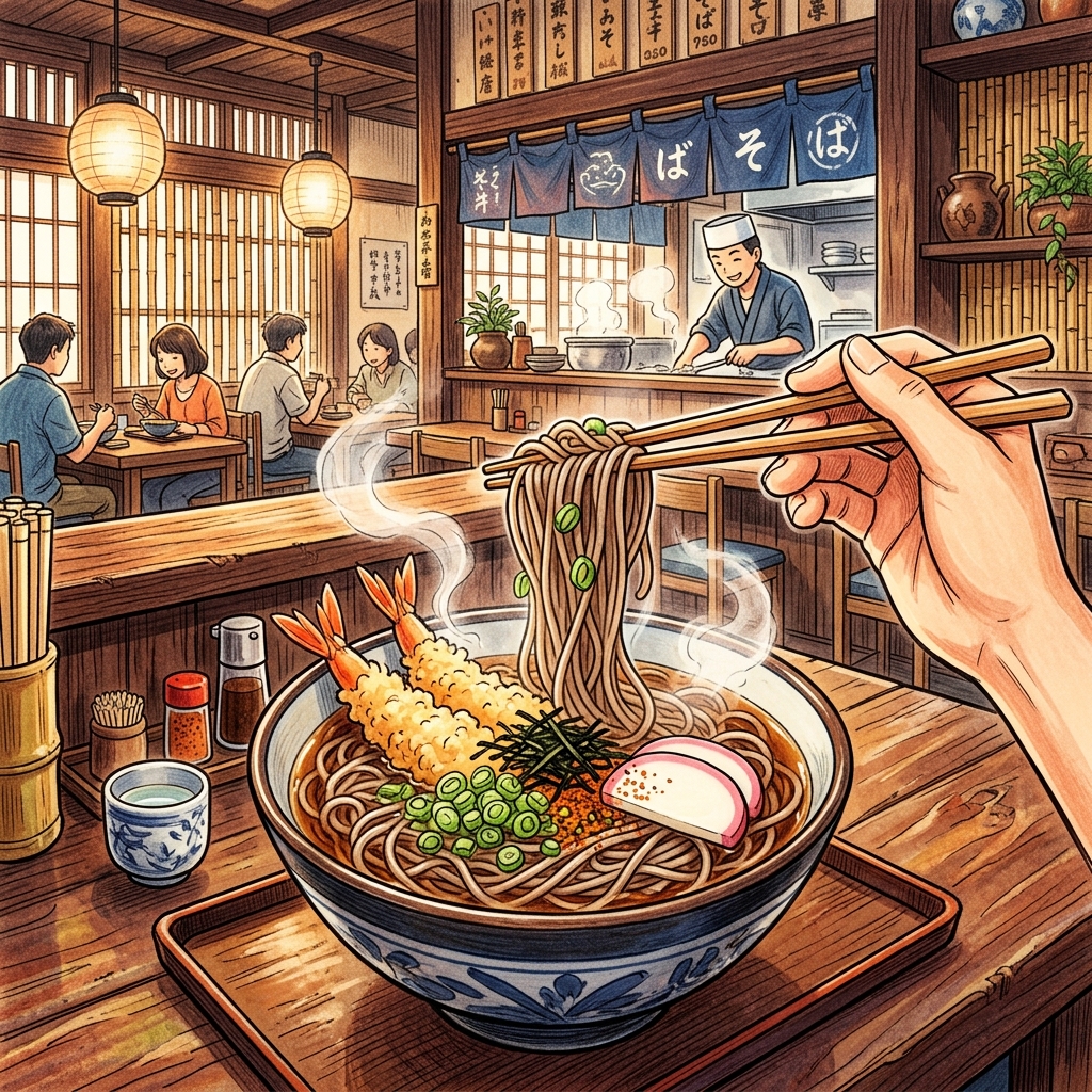 A steaming bowl of Japanese soba buckwheat noodles being lifted with chopsticks in a traditional soba restaurant