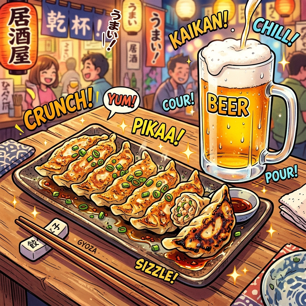 A vibrant, appetizing close-up of perfectly pan-fried Japanese gyoza with a golden crispy bottom