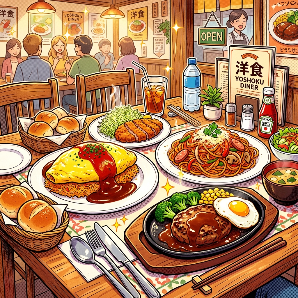 A bright pop manga illustration of Japanese Yoshoku dishes like Omurice and Napolitan