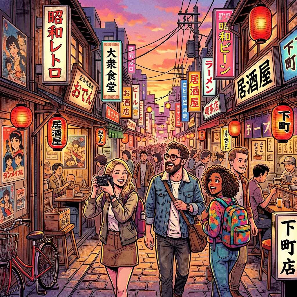 A vibrant pop manga illustration of a Showa retro cityscape in Tokyo