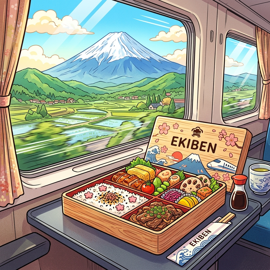 Ekiben bento box on a Shinkansen tray with Mount Fuji view