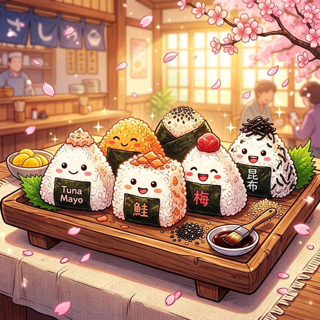 Variety of onigiri rice balls on a wooden tray with cherry blossoms
