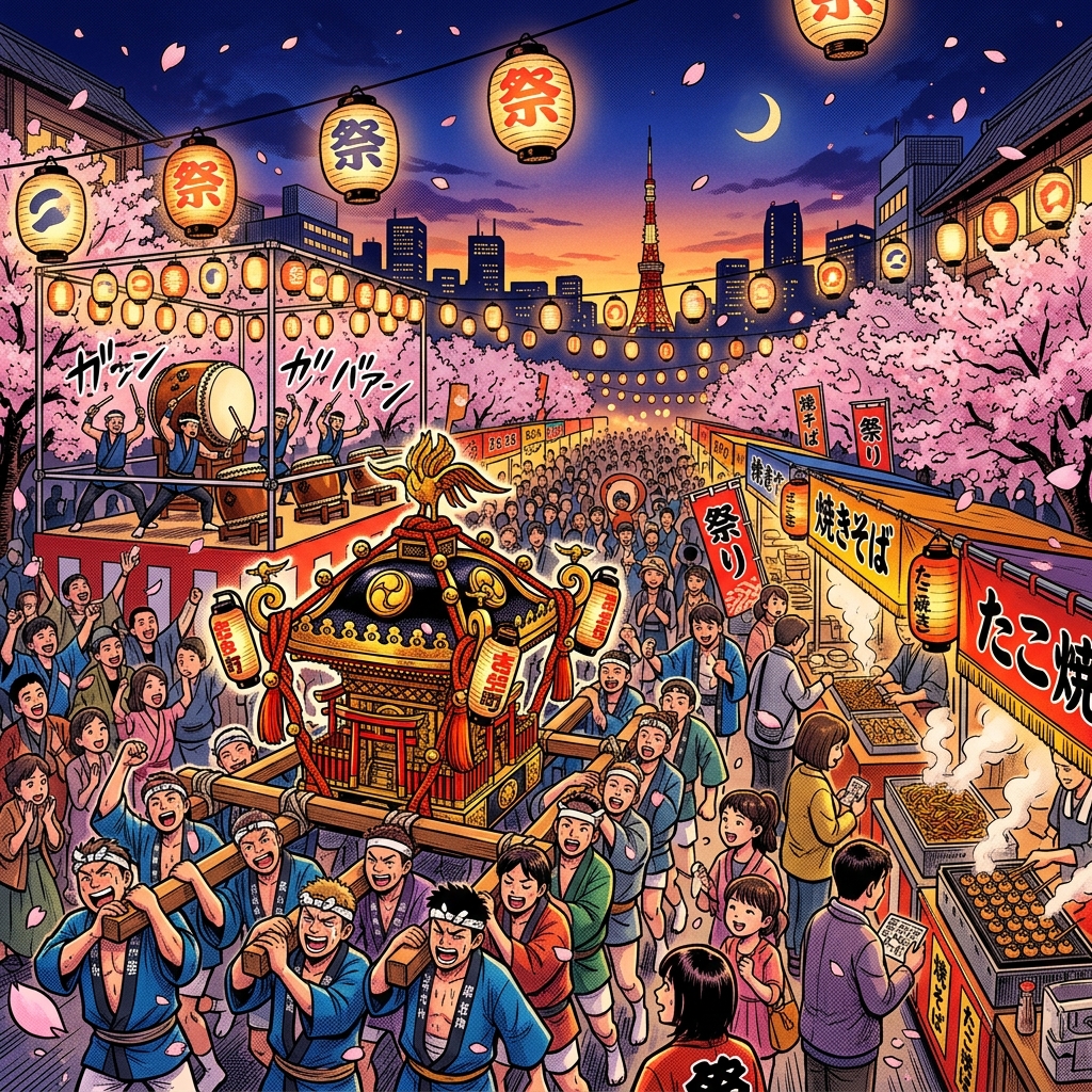 Vibrant Japanese matsuri festival scene at dusk with mikoshi, taiko drums, and lanterns
