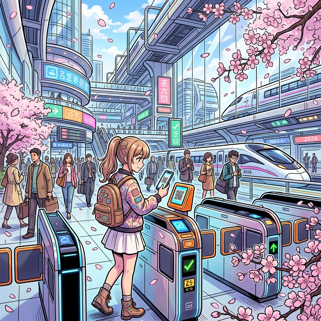 Tourist scanning QR code at futuristic Tokyo train station gate with cherry blossoms