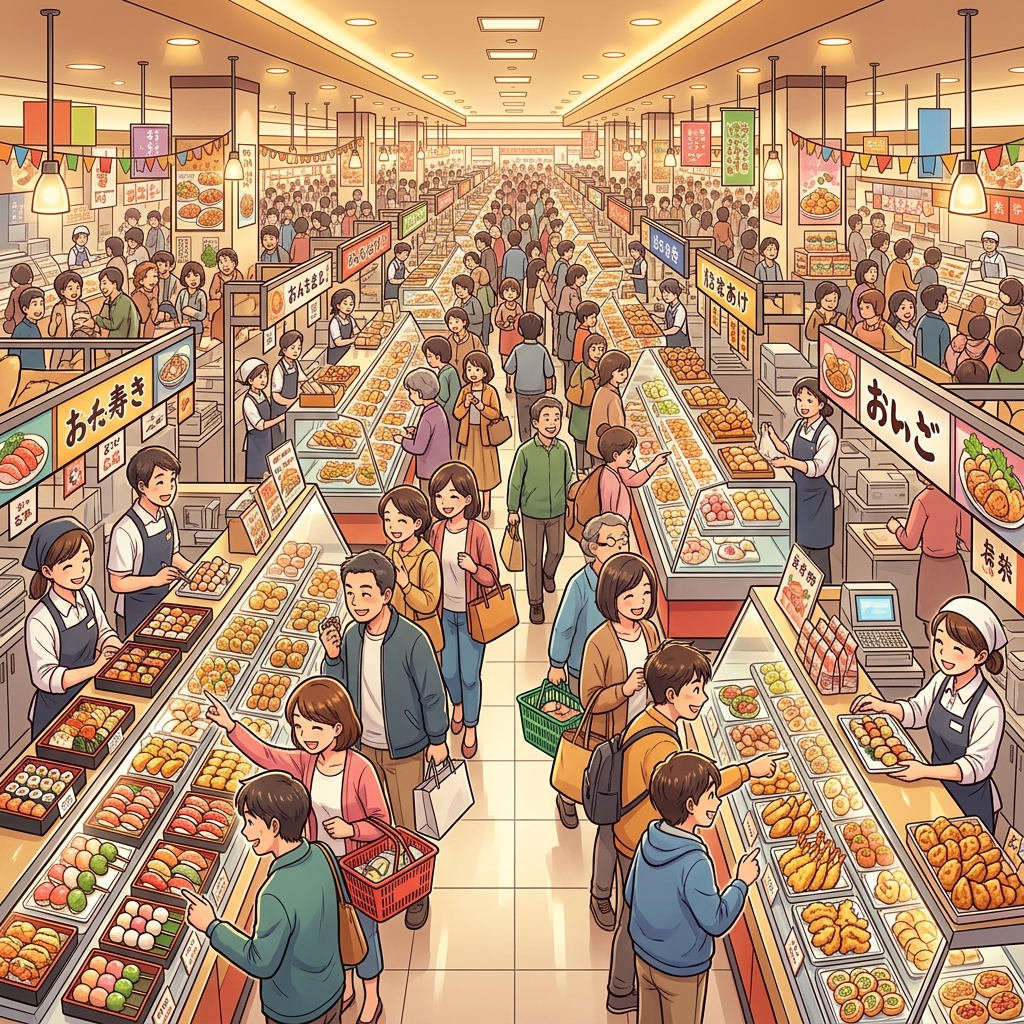 Panoramic view of a bustling Japanese depachika department store basement food hall