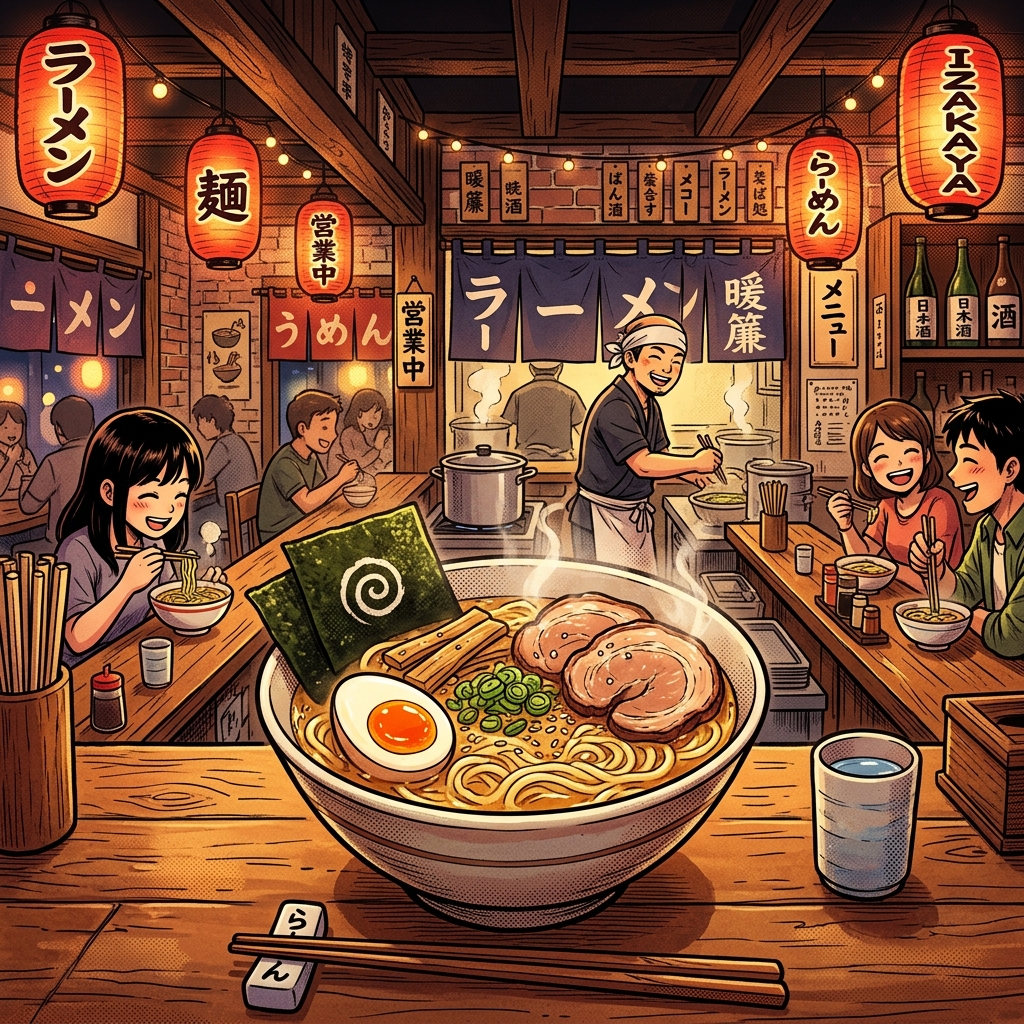 Vibrant Japanese ramen shop scene with a steaming bowl of ramen in warm izakaya atmosphere