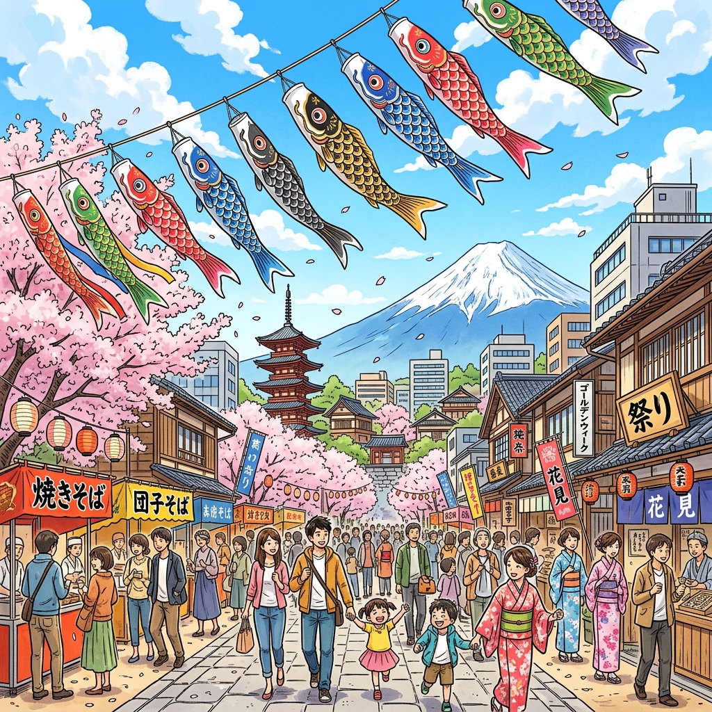 Golden Week festival atmosphere with koinobori and cherry blossoms