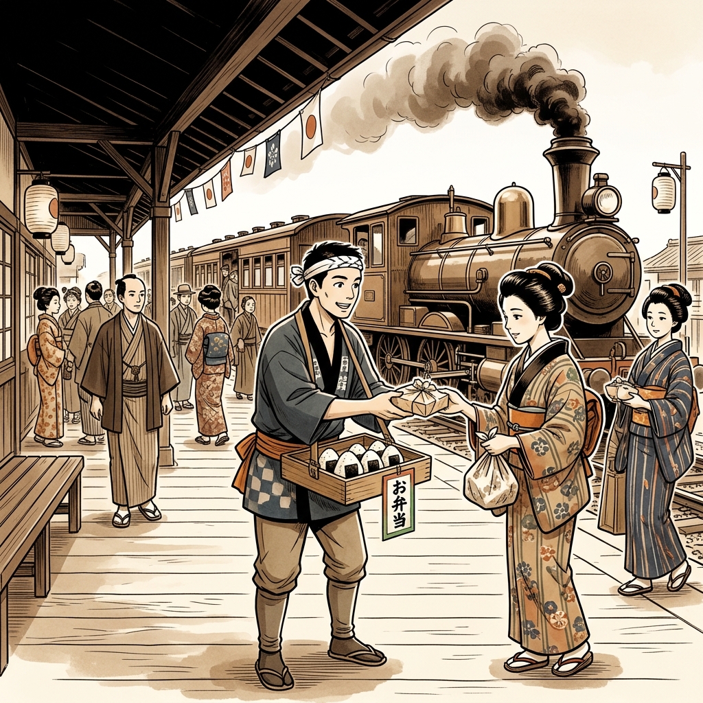 Historic Meiji-era train station vendor selling rice ball bento
