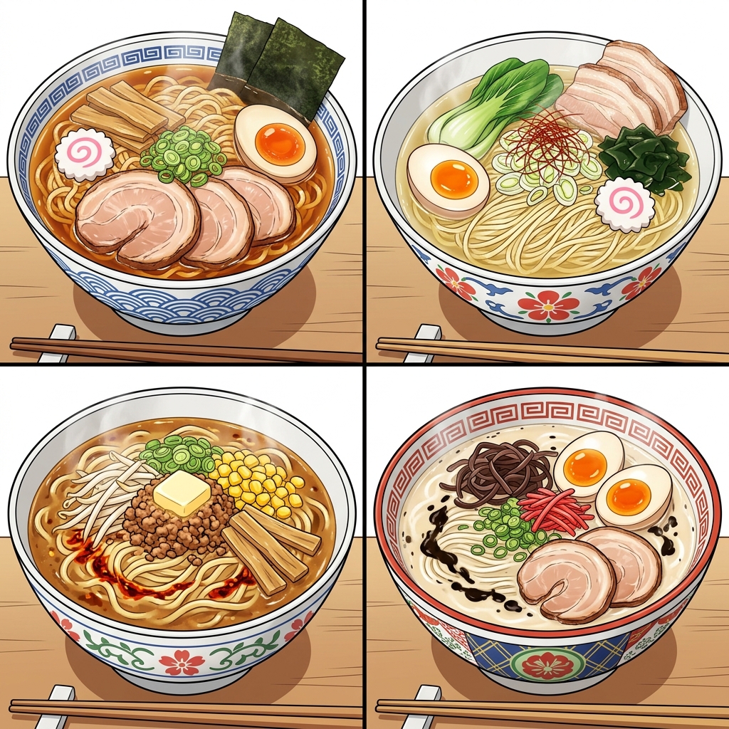 Four ramen bowls showing shoyu, shio, miso, and tonkotsu broth types