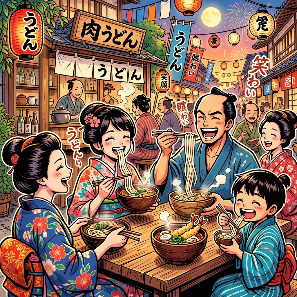 A historical scene of people in the Edo period Japan happily eating thick udon noodles