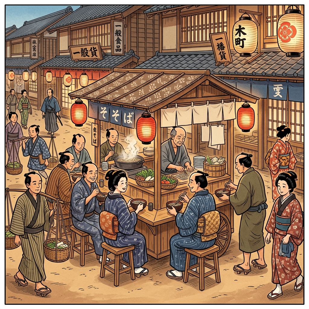 Edo period soba stall scene in old Tokyo