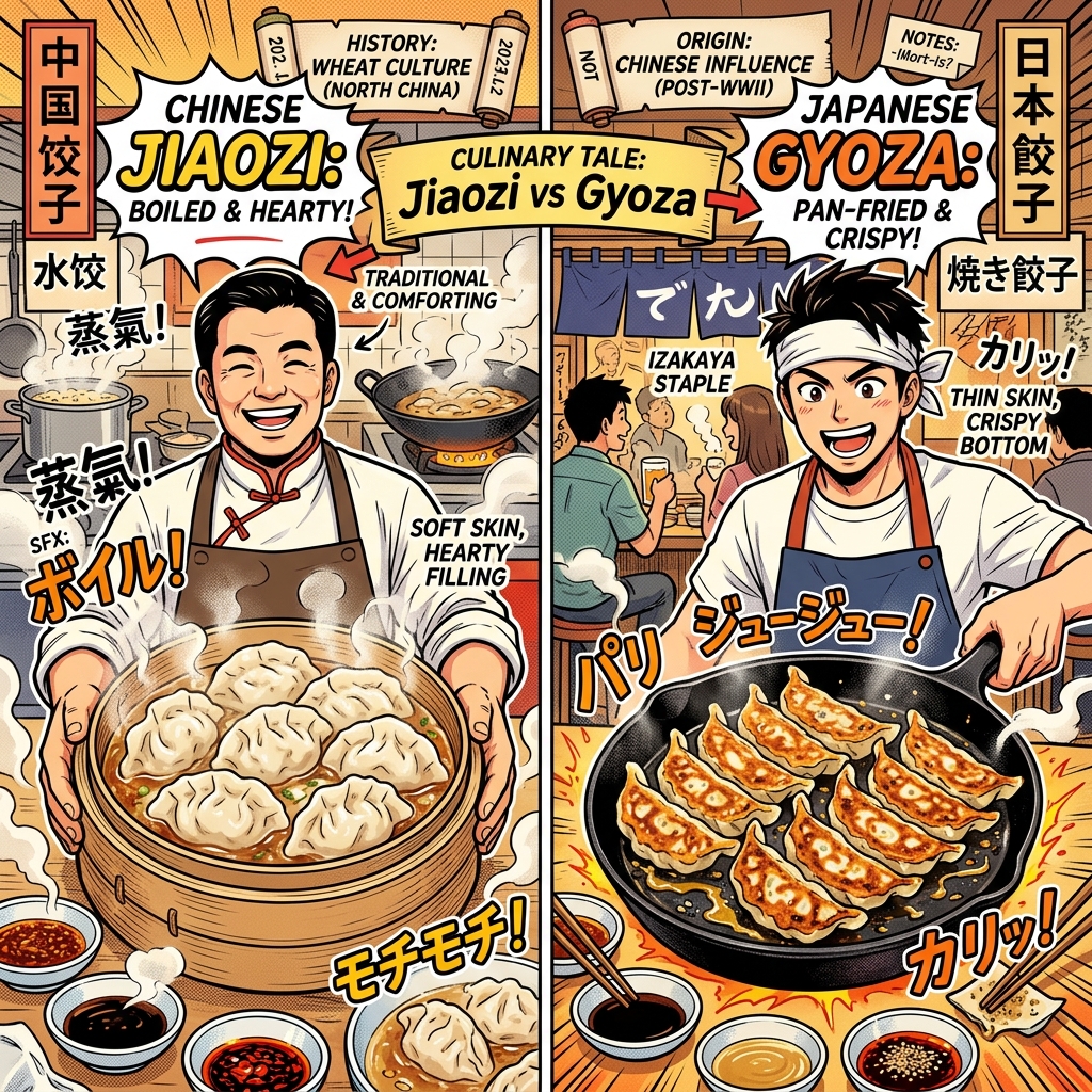 Manga illustration comparing Chinese jiaozi with Japanese gyoza