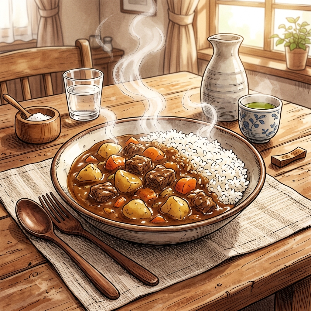 A comforting plate of classic Japanese curry rice with potatoes and carrots