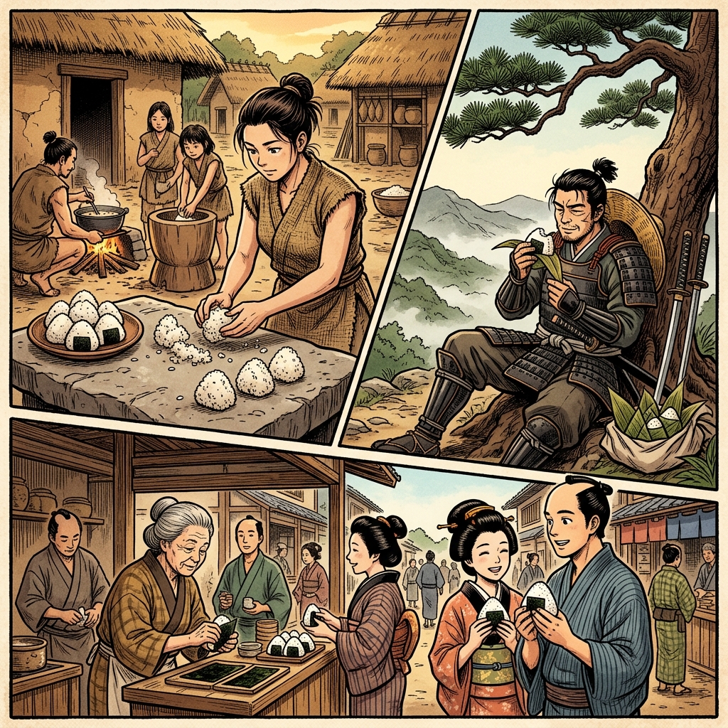 Historical manga illustration of onigiri through Japanese history