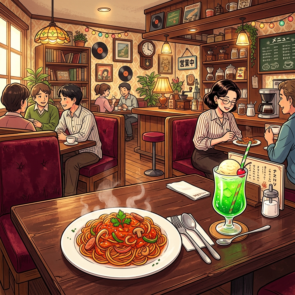 A nostalgic Japanese retro coffee shop with Napolitan spaghetti and cream soda