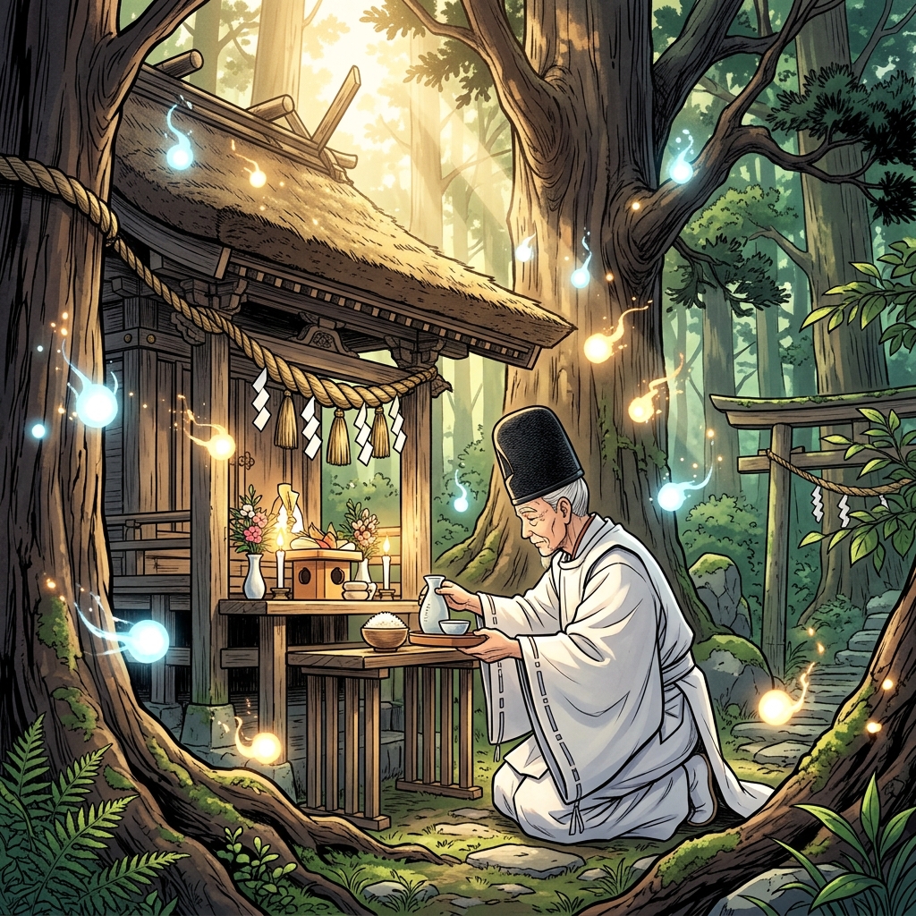 Shinto priest making offerings at an ancient forest shrine