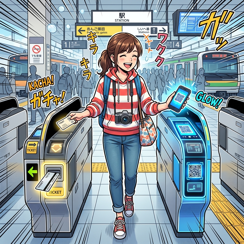 Tourist comparing old magnetic ticket gate and new QR code scanner