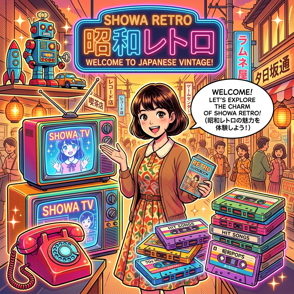 A nostalgic Showa-era street with retro signs and sunset lighting