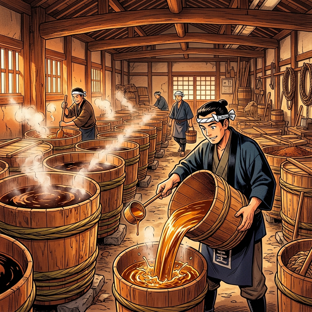 Traditional Japanese soy sauce brewery with wooden barrels and craftsmen