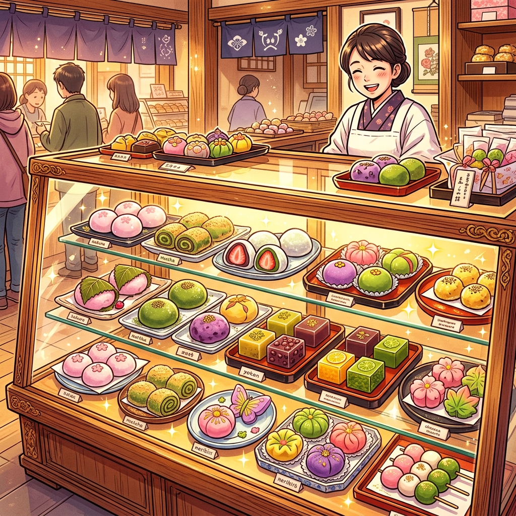 Traditional Japanese wagashi sweets displayed like jewels in glass case