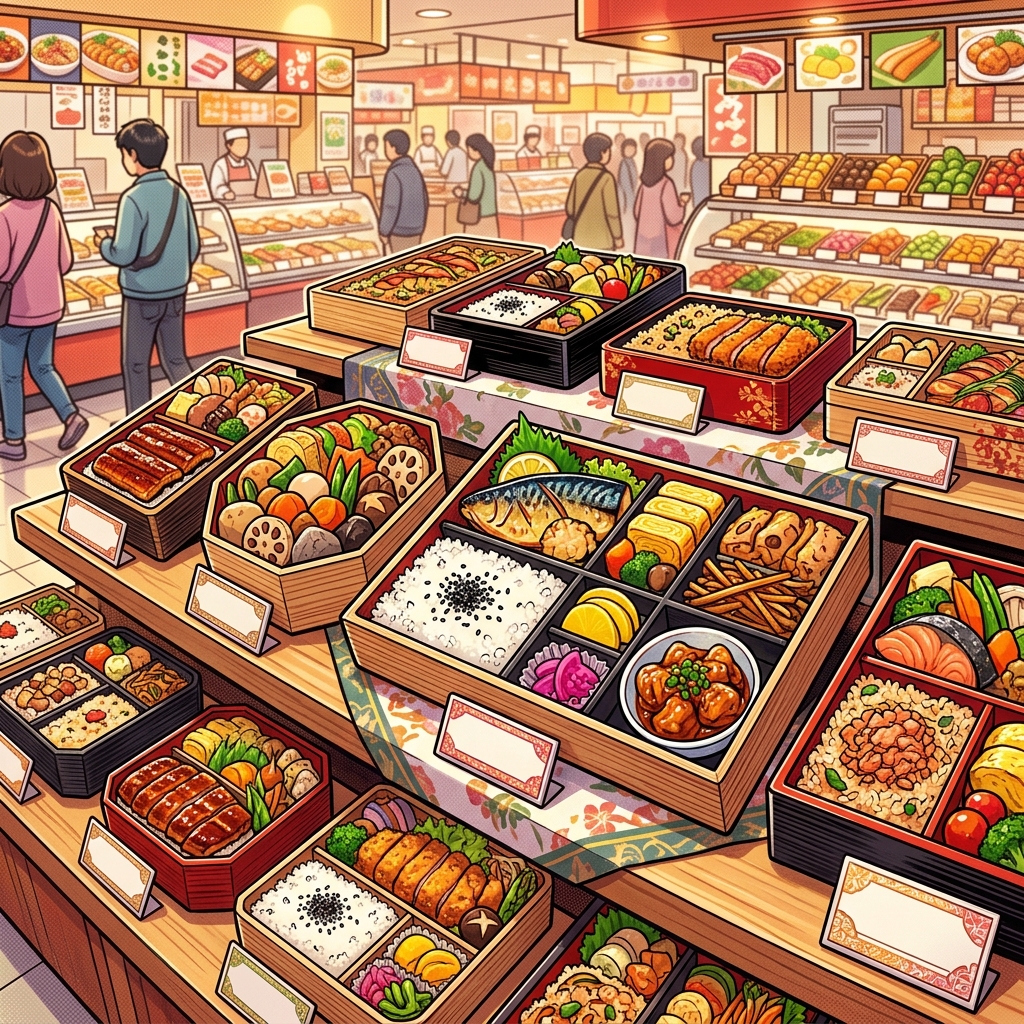 Premium bento boxes arranged at a Japanese department store food floor