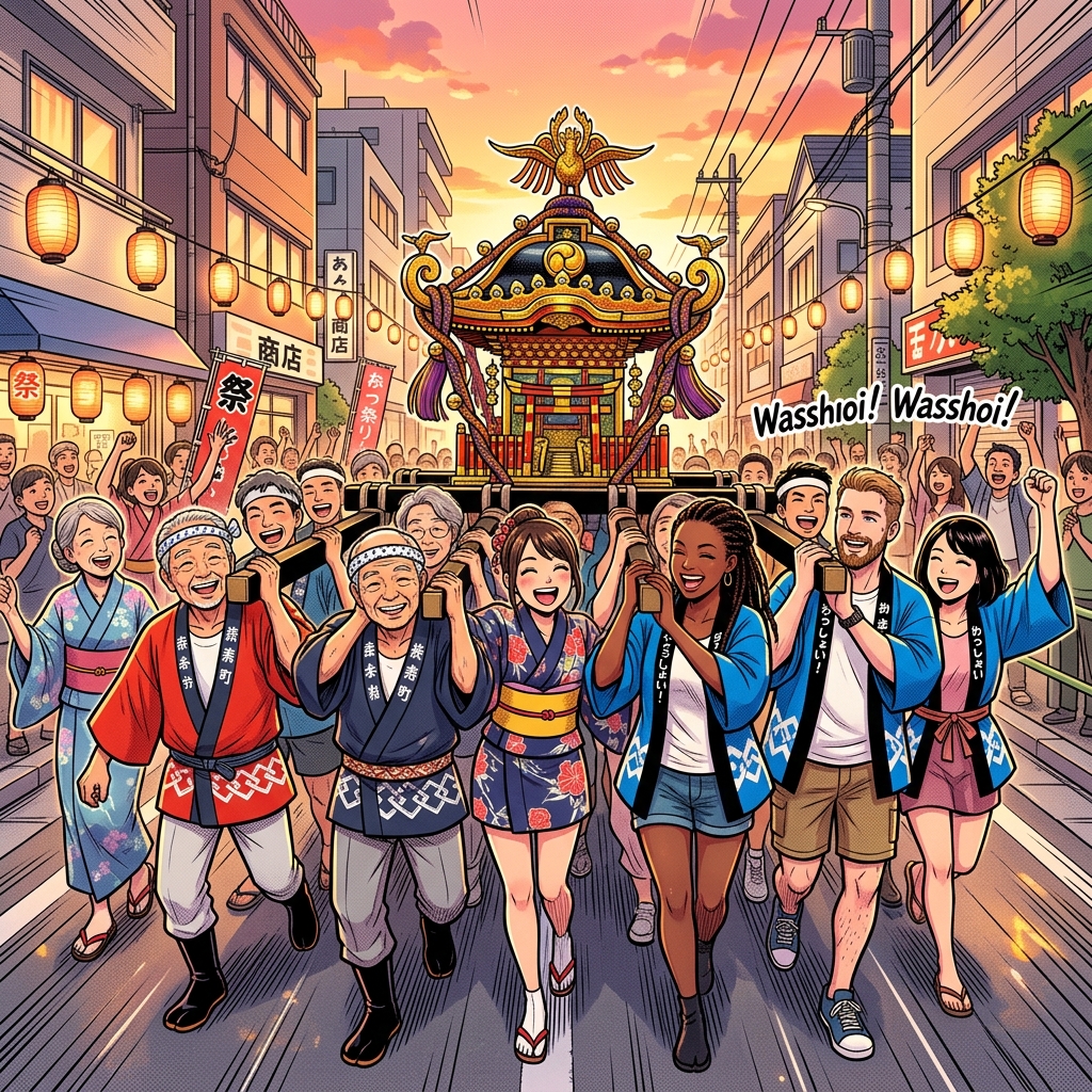 Diverse group carrying a mikoshi together at a festival