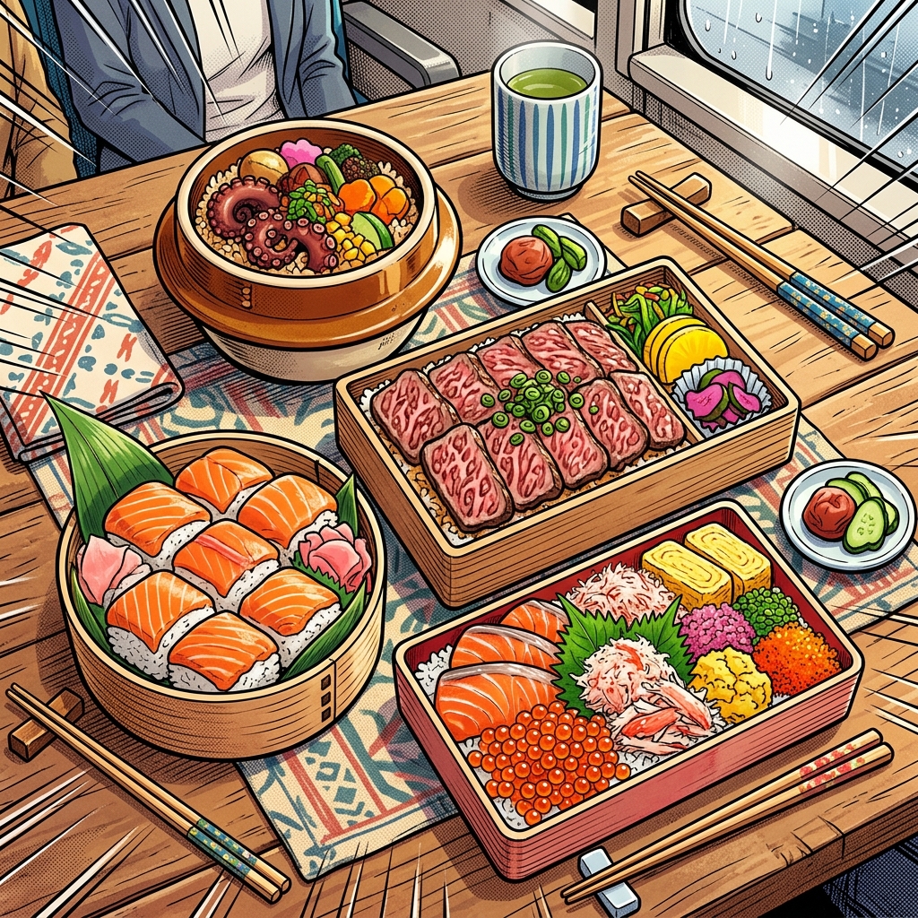 Top-down view of famous Japanese ekiben varieties with Wagyu beef and seafood