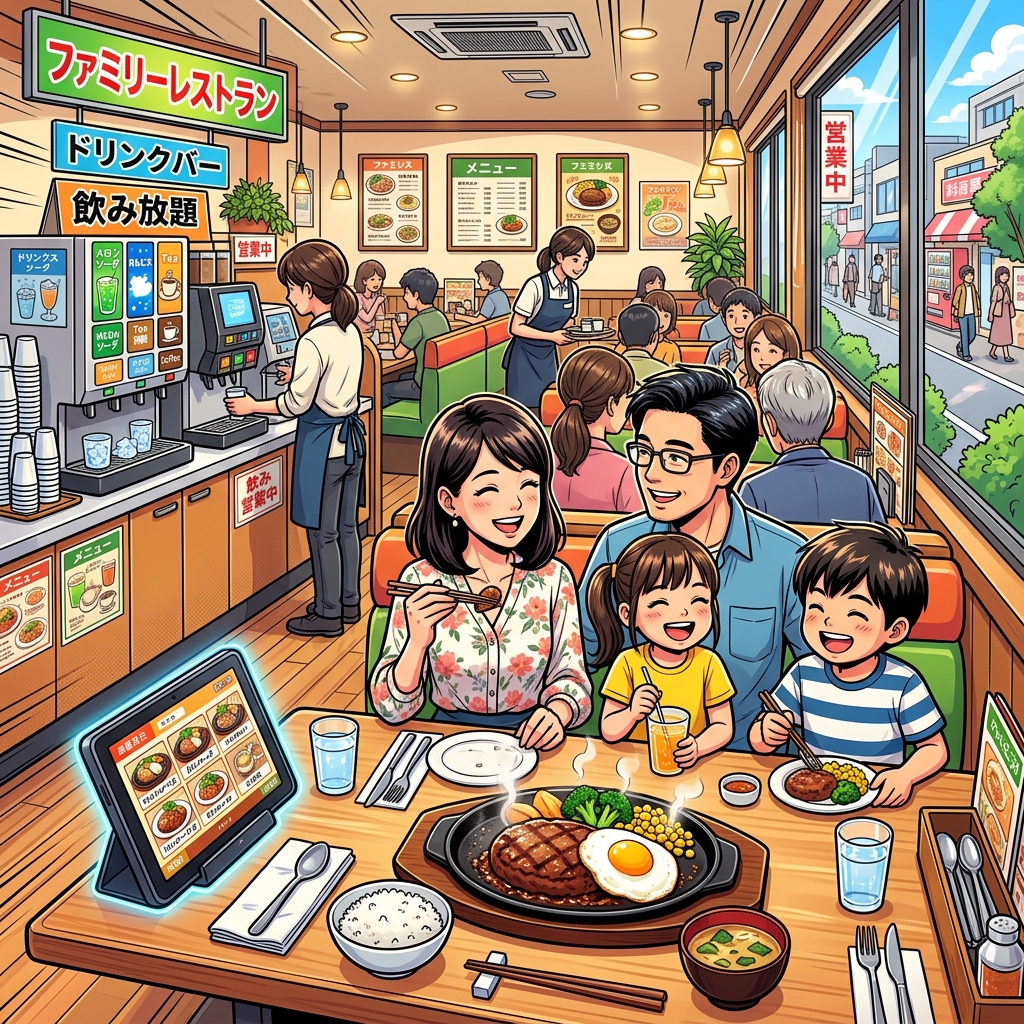 A modern Japanese family restaurant with a digital ordering tablet and Hamburg steak