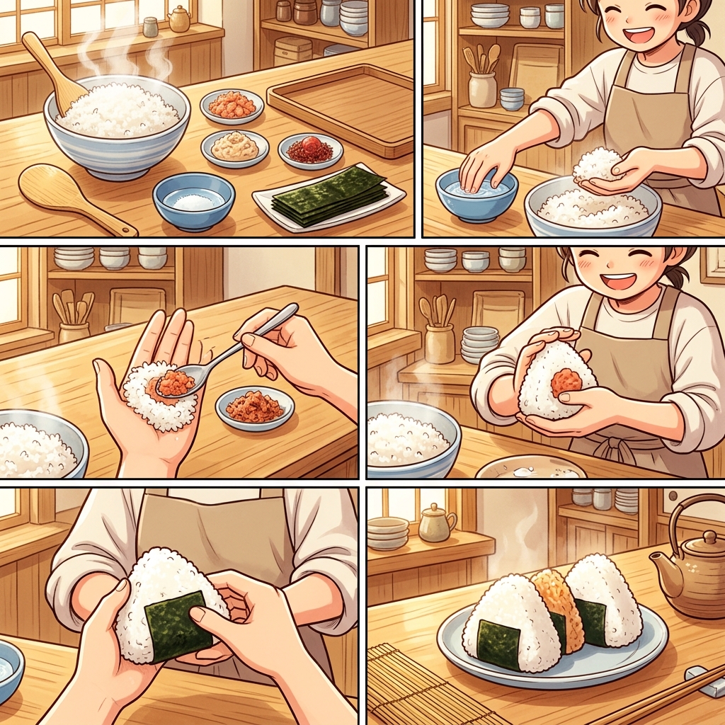 Step-by-step manga illustration of making onigiri at home