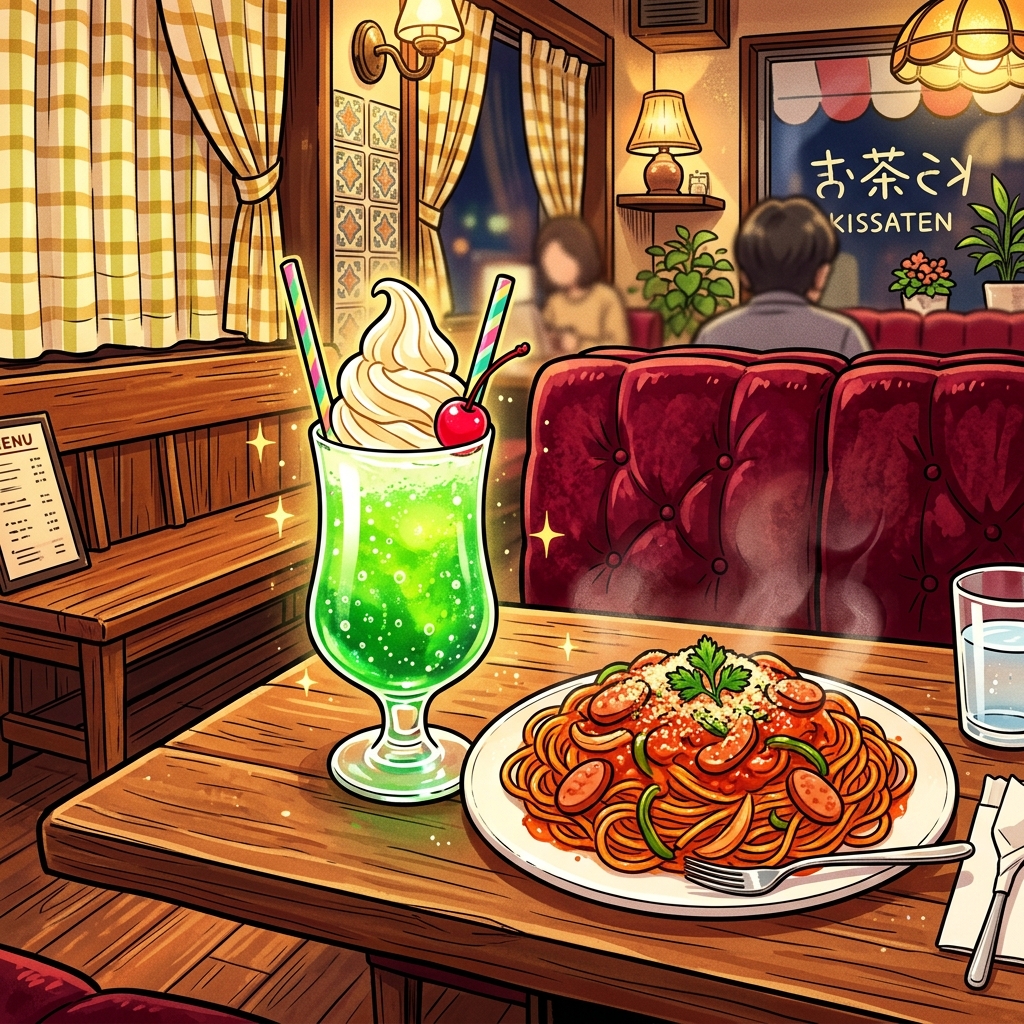 A classic Japanese retro Kissaten serving cream soda and Napolitan