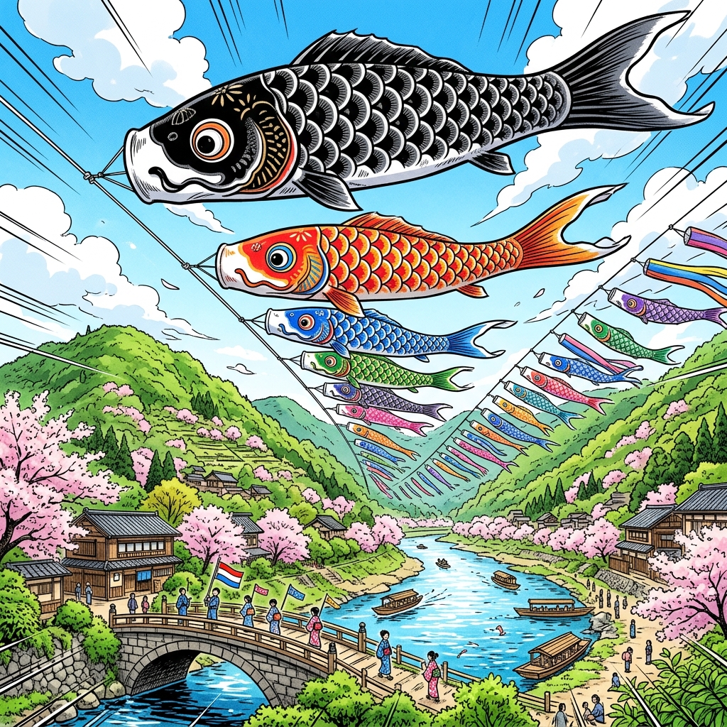 Colorful koinobori carp streamers over a river