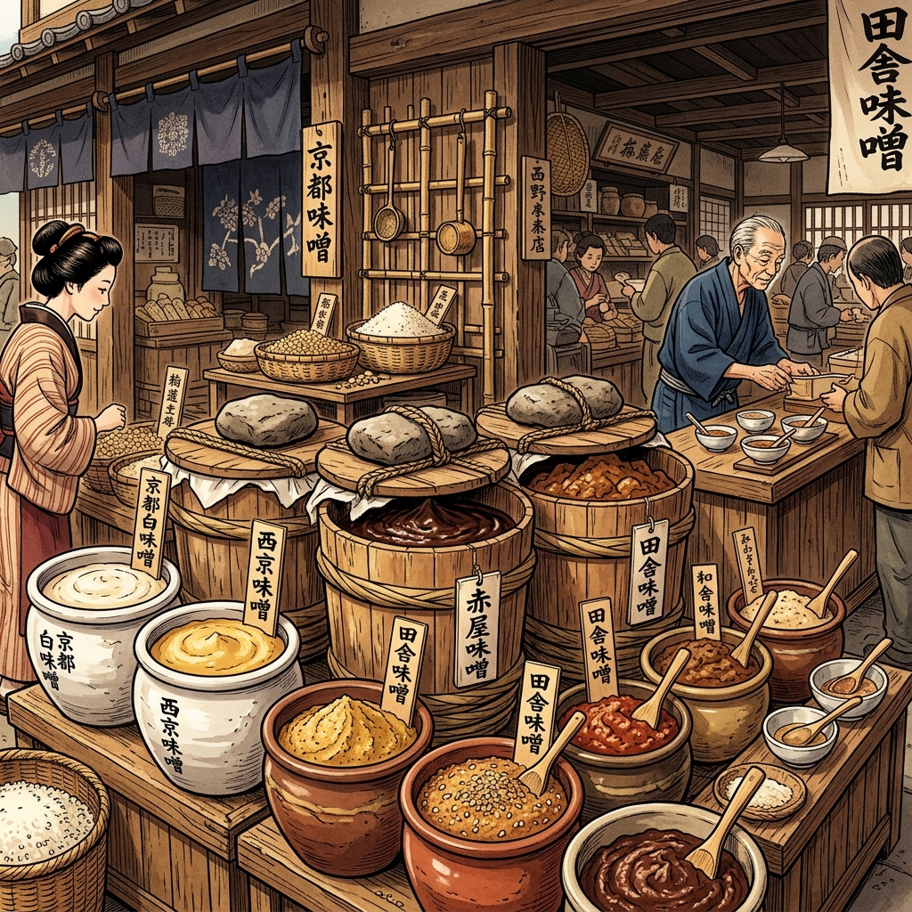 Japanese miso market with regional varieties and wooden barrels