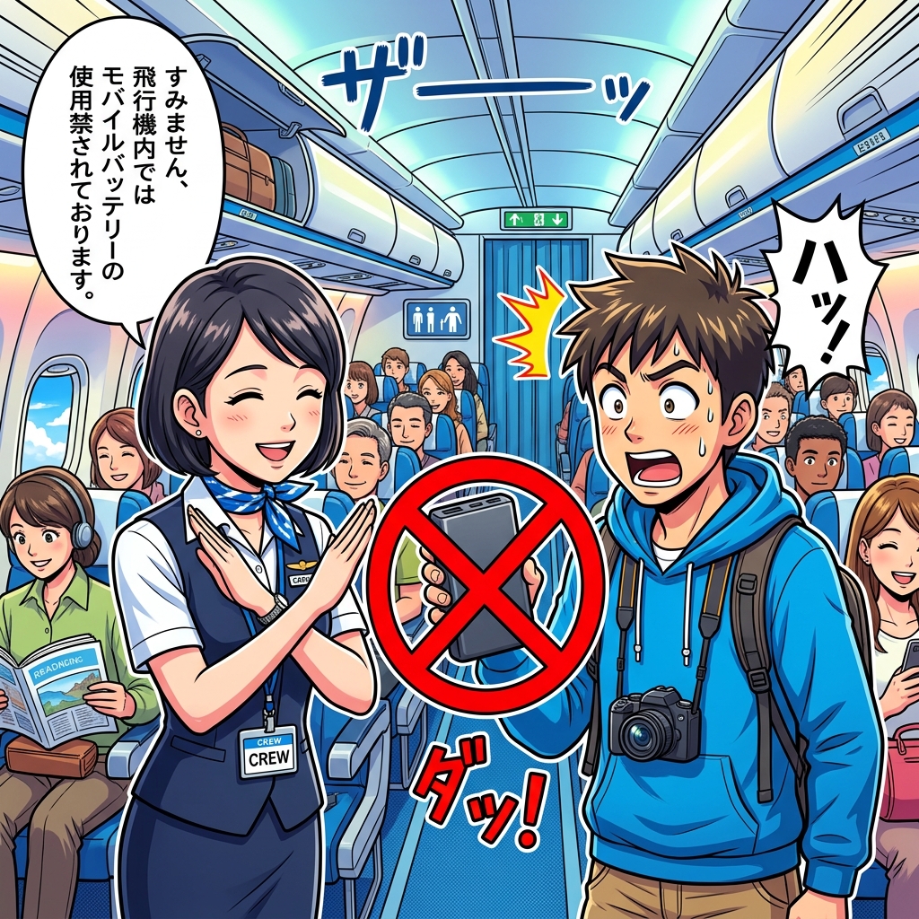 Flight attendant gesturing no to power bank use on airplane