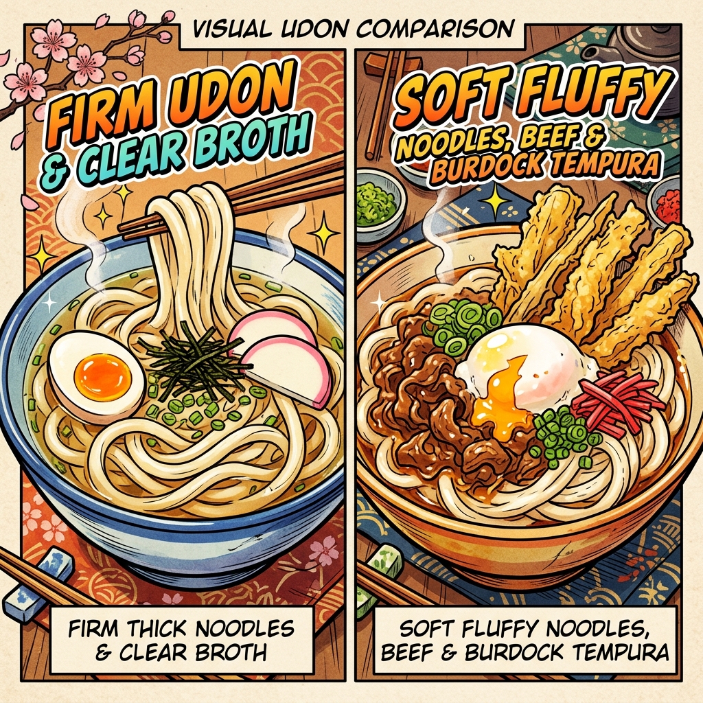 Visual comparison showing two different bowls of udon: firm vs soft