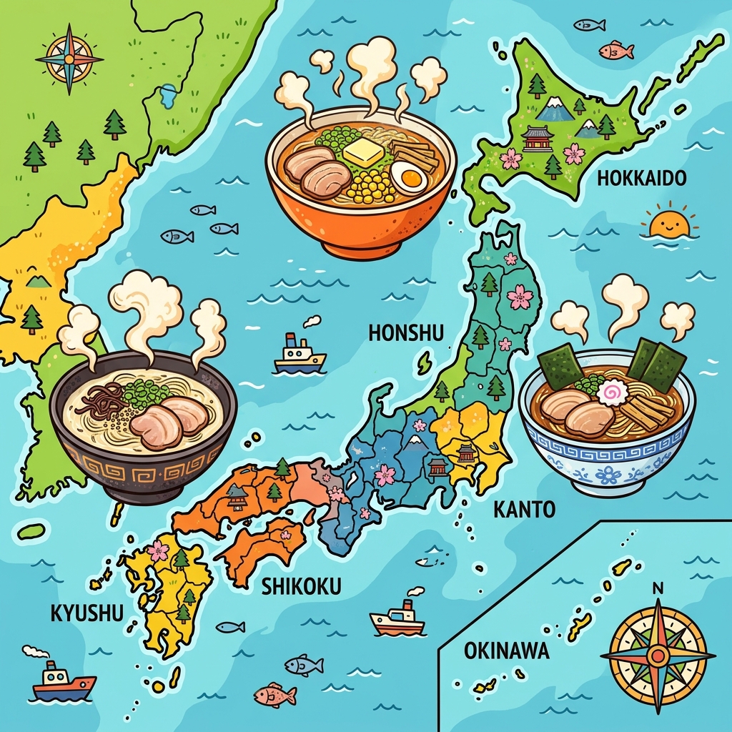 Colorful map of Japan with regional ramen bowls