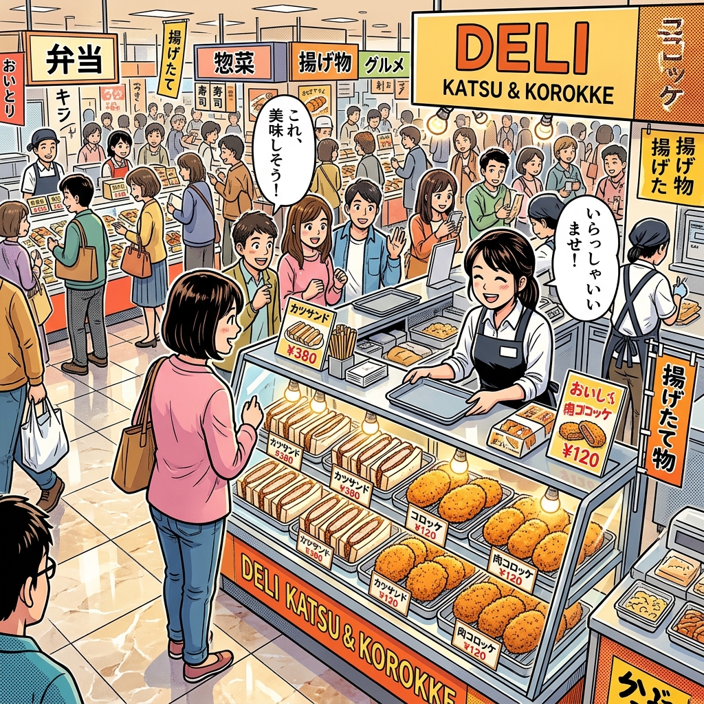 A bustling Japanese department store basement food hall filled with Katsu Sando