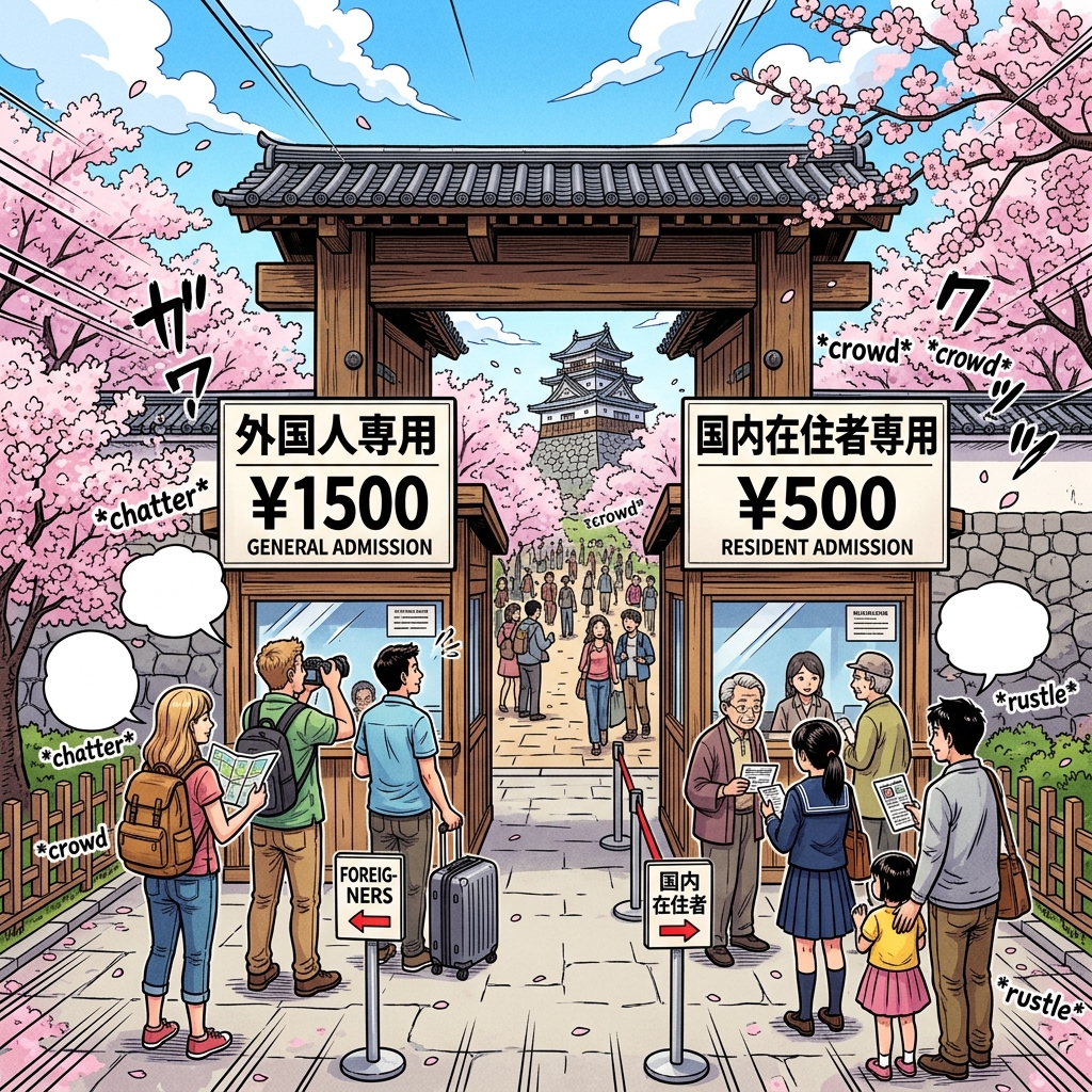Dual pricing at Japanese castle entrance with two ticket windows