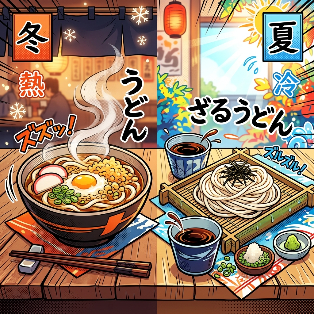 A steaming hot bowl of udon soup next to a refreshing cold zaru udon