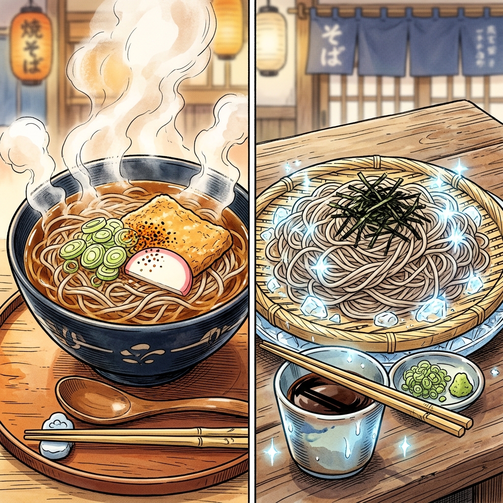 Hot kake soba vs cold zaru soba side by side