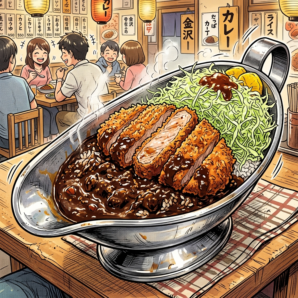Dark rich Kanazawa curry served in a stainless steel bowl with cabbage