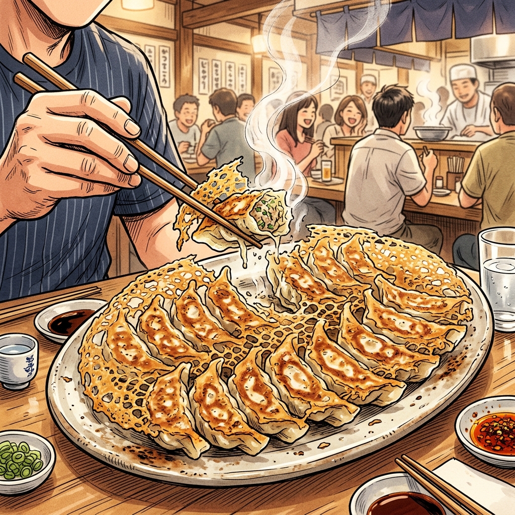 Plate of Kamata-style winged gyoza