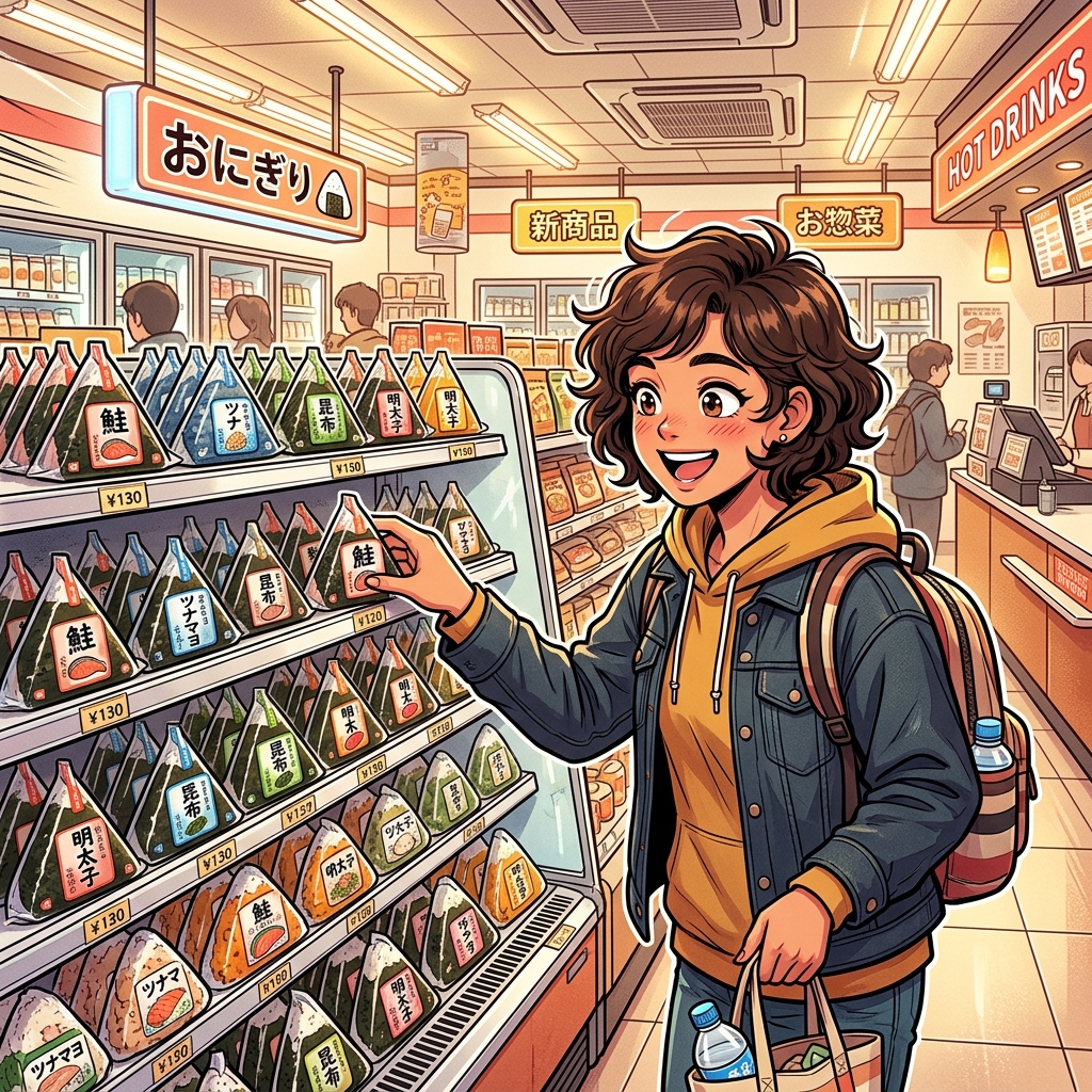 Tourist discovering onigiri at a Japanese convenience store