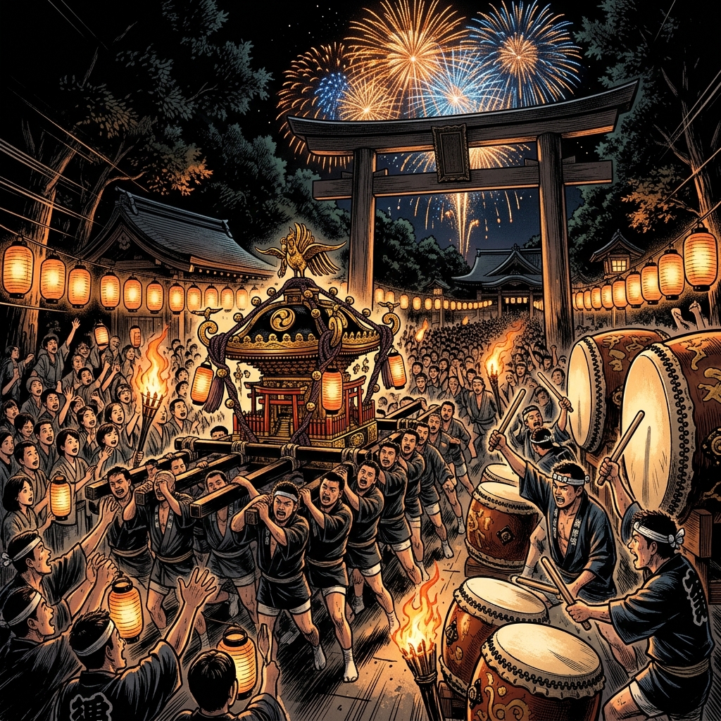 Dramatic nighttime Kurayami Matsuri with fireworks and taiko