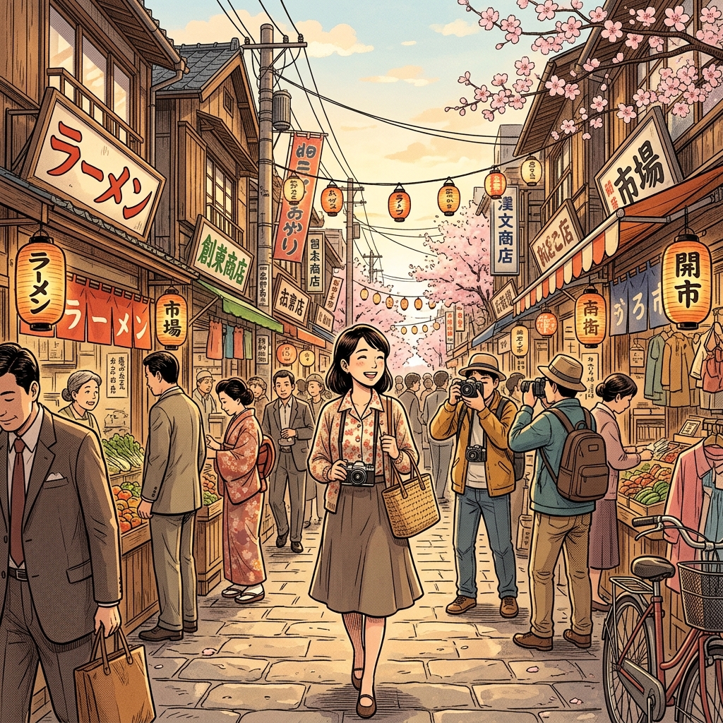 Retro Showa-era shopping street in spring