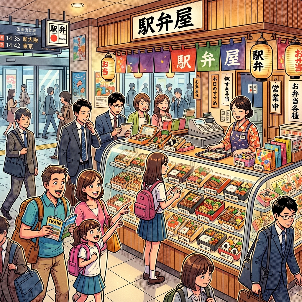 Bustling ekiben shop inside a Japanese train station with colorful bento displays