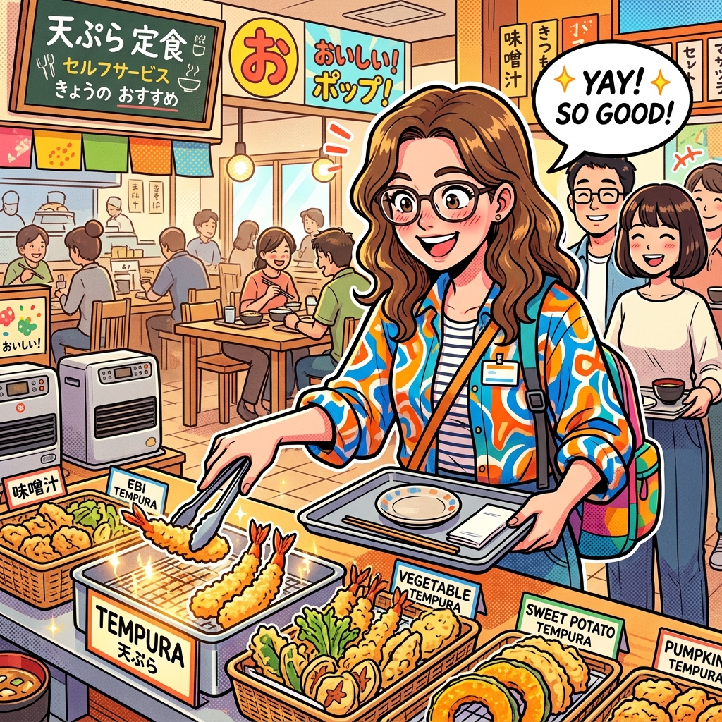 Tourist standing in a self-service cafeteria line choosing tempura