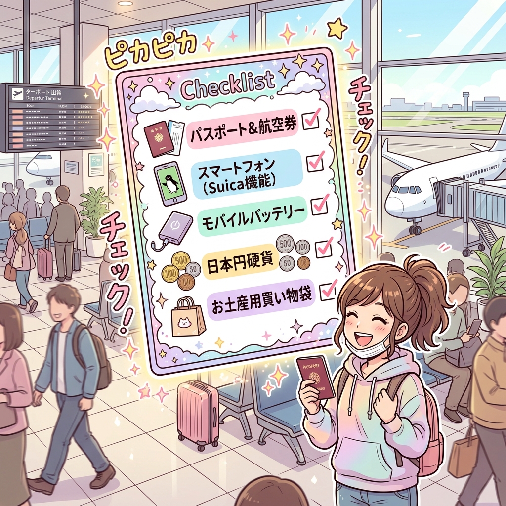 Traveler checklist at Japanese airport departure terminal